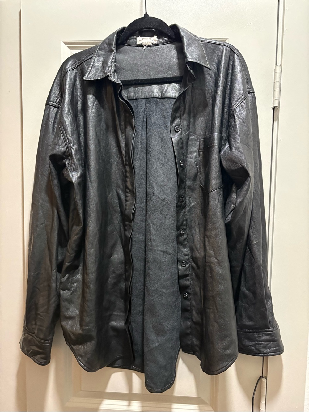 Good American Black Leather Button-Down Shirt Jacket